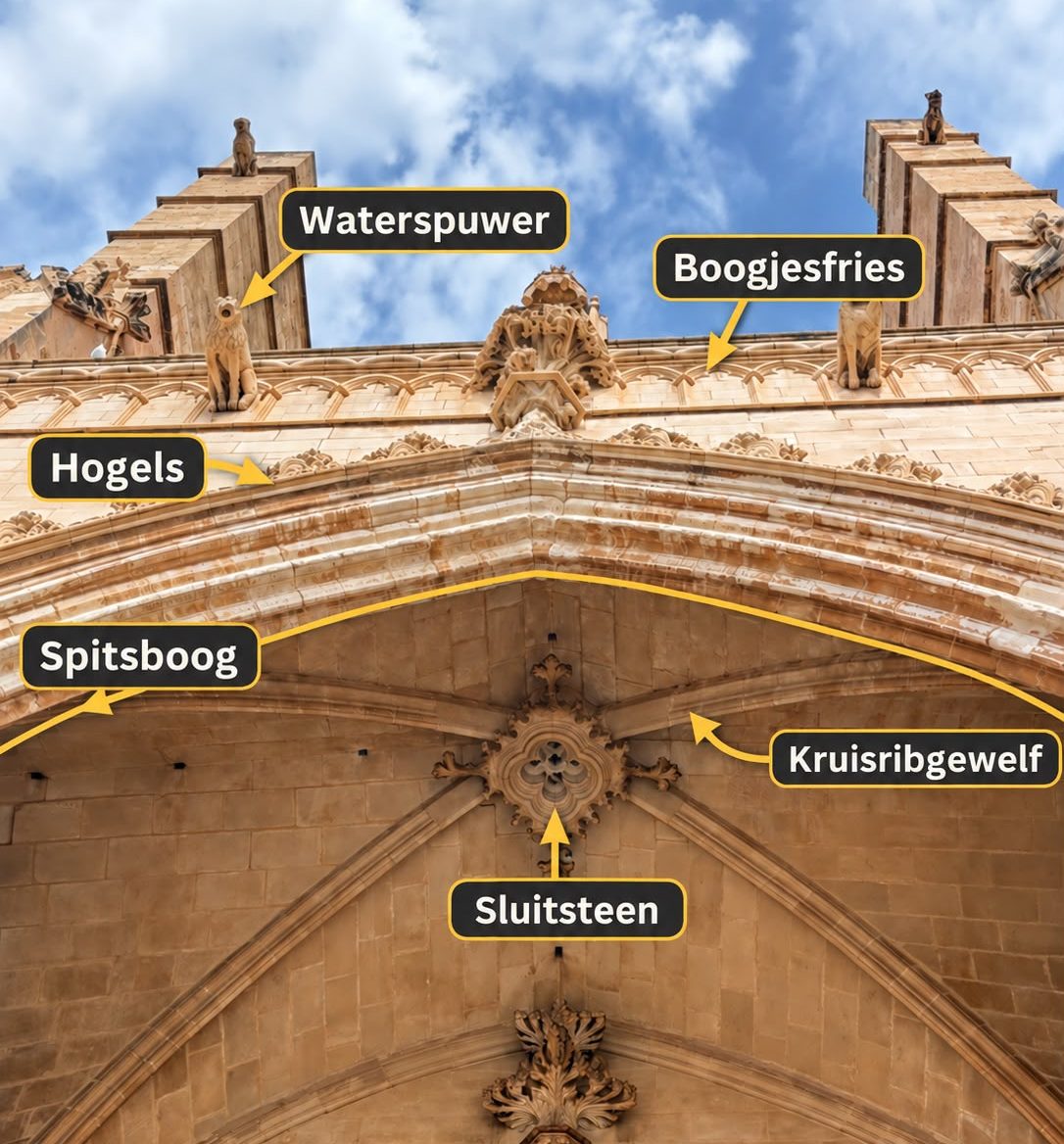 Uitleg gotische architectuur Portal del Mirador Gelabelde foto van Portal del Mirador van de kathedraal met waterspuwer, boogjesfries, hogels, spitsboog, kruisribgewelf en sluisteen.