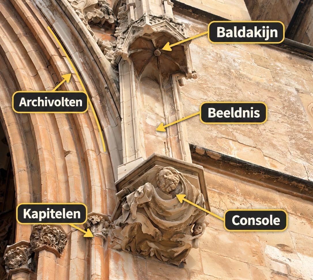 Architectuurdetails bij het Portal del Mirador Gelabelde foto van het Portal del Mirador van de kathedraal van Palma de Mallorca, met archivolten, kapitelen, beeldnis, baldakijn en consol
