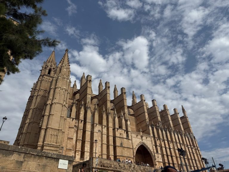 Exterieur van de kathedraal van Palma de Mallorca Zijaanzicht van de kathedraal van Palma de Mallorca met gotische steunberen en torens.