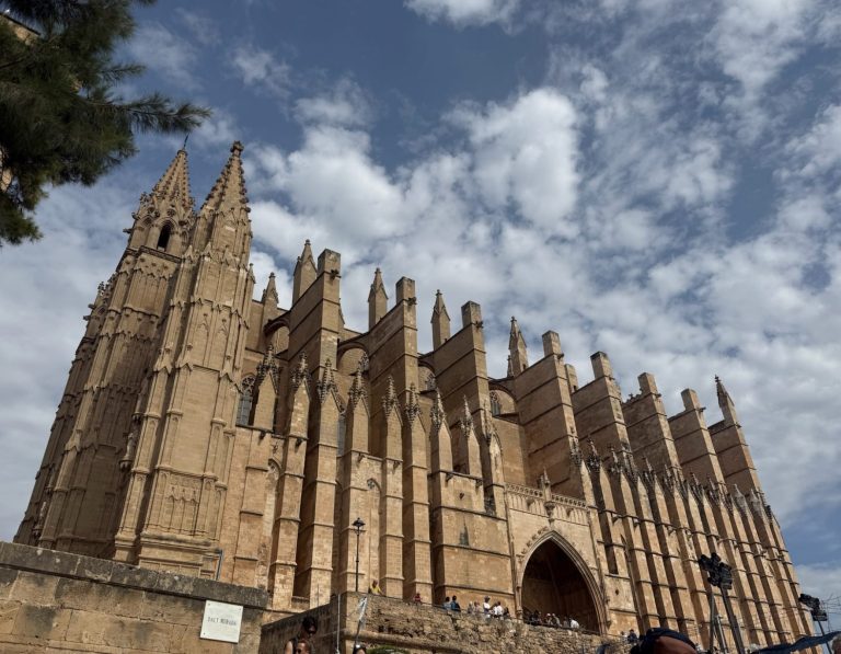 Exterieur van de kathedraal van Palma de Mallorca Zijaanzicht van de kathedraal van Palma de Mallorca met gotische steunberen en torens.