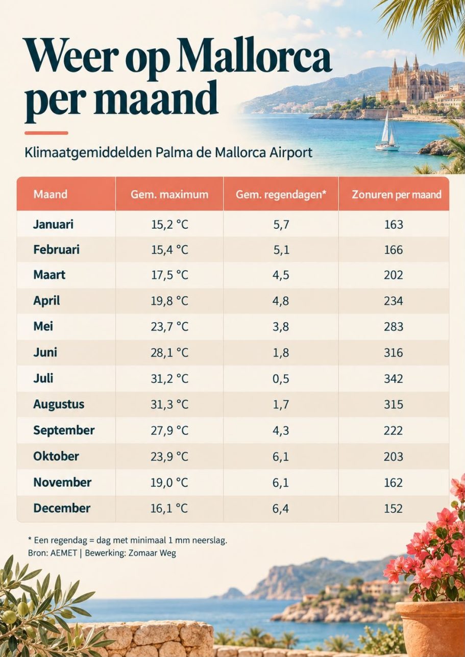 Weer op Mallorca per maand Klimaatoverzicht Mallorca per maand met temperatuur, regendagen en zonuren.