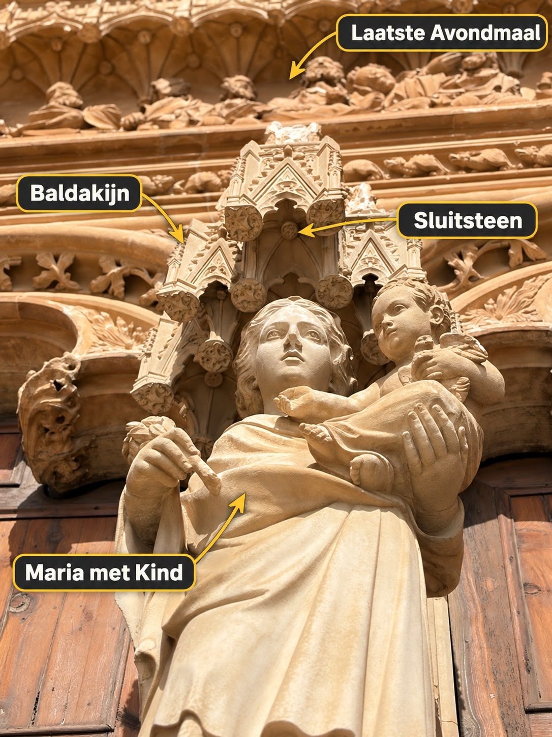 Maria met Kind bij het Portal del Mirador Gelabelde foto van Maria met Kind bij het Portal del Mirador van de kathedraal van Palma de Mallorca, onder een stenen baldakijn.