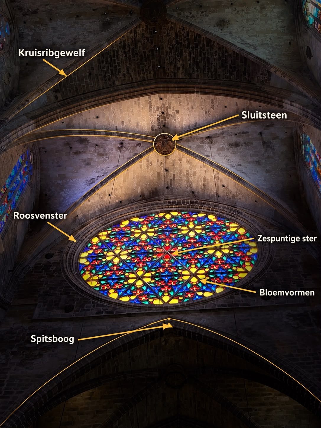 Roosvenster van de kathedraal van Palma de Mallorca uitgelegd Roosvenster in de kathedraal van Palma de Mallorca met zespuntige ster en gotische gewelven.
