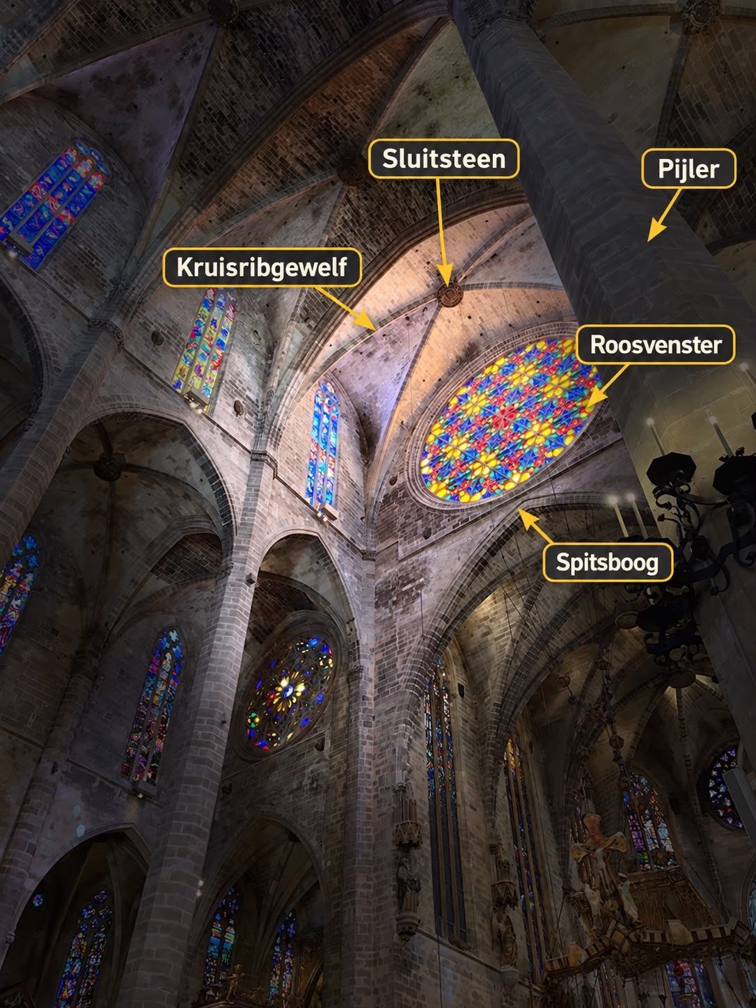Gotische gewelven en roosvenster in La Seu Gelabelde foto van het altaar in de kathedraal van Palma de Mallorca met Gaudí’s baldakijn, kruisbeeld en keramische wand.